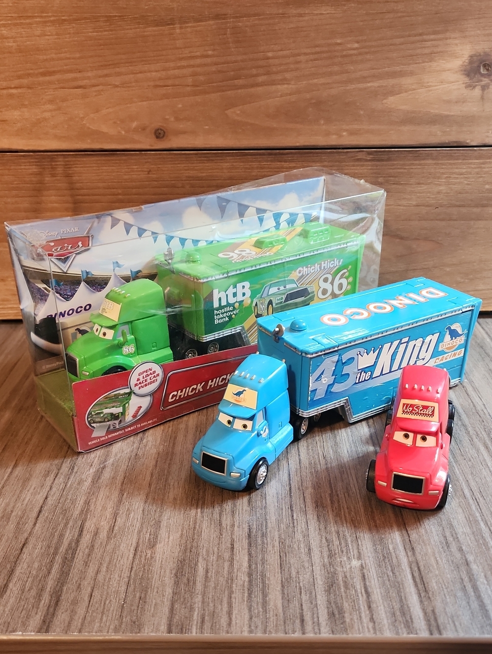 Mattel Disney Cars Transporter Lot NIB Chick Hicks Hauler, Dinoco Gray, Mack Cab